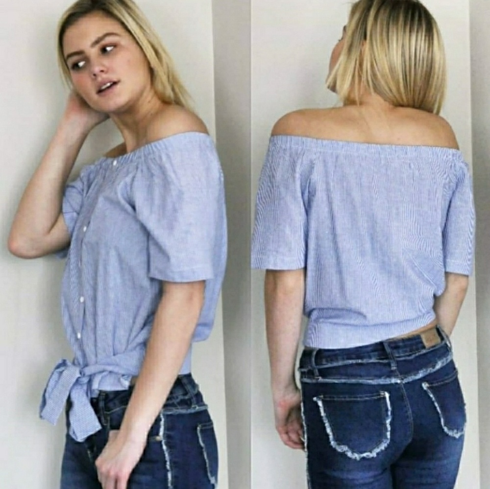 New Blue and White Cold Shoulder Tie Front Crop Top Size Small - Picture 3 of 4